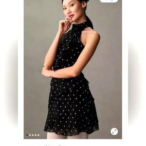 Anthropologie Maeve Rosette Halter Mini Dress XL Black White Polka Dot NWT